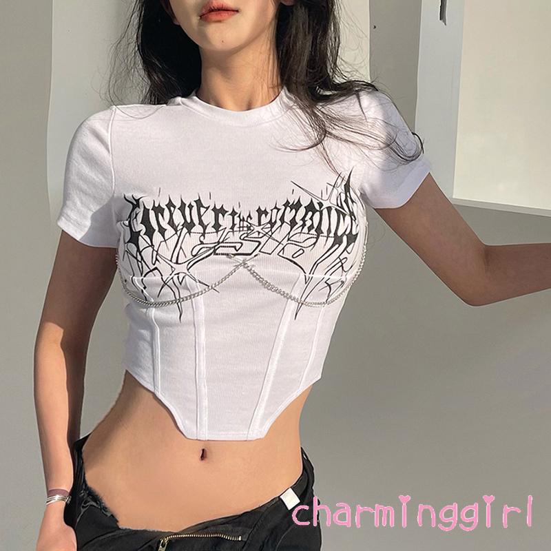 Áo Thun Crop Top Tay Ngắn Cổ Tròn Ôm Dáng In Chữ Cho Nữ