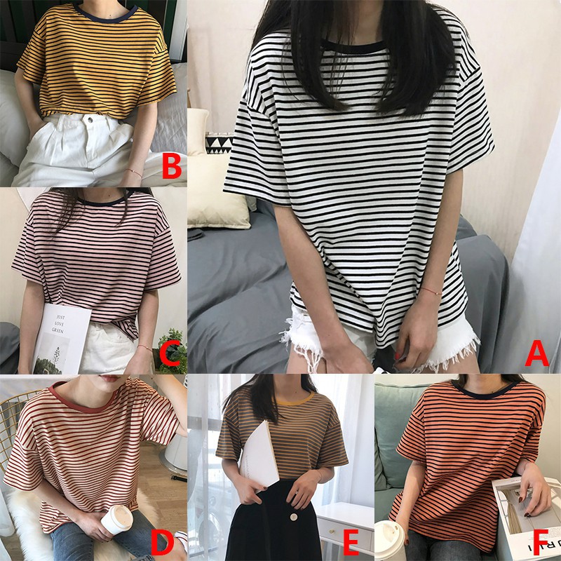 Áo thun ngắn tay cổ chữ O họa tiết kẻ sọc thời trang mùa hè cho nữ