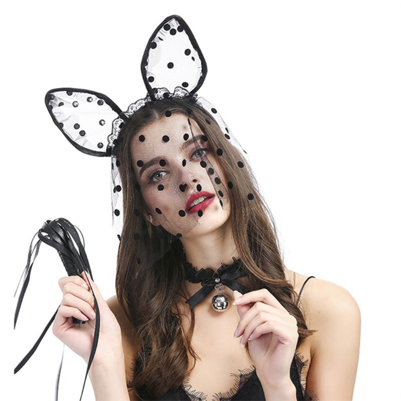 Băng Đô Tai Mèo Họa Tiết Chấm Bi Phối Ren Lưới Hóa Trang Halloween