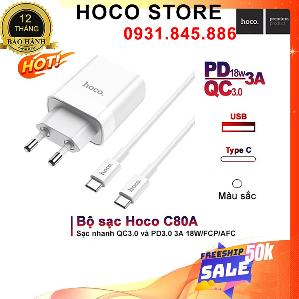 ⚡NowShip Mới⚡ Bộ Sạc Nhanh Iphone 20W Siêu Tốc Hoco C80A Hỗ Trợ Sạc Nhanh PD3.0 20W Cho Iphone Ipad - Bảo Hành 12 Tháng