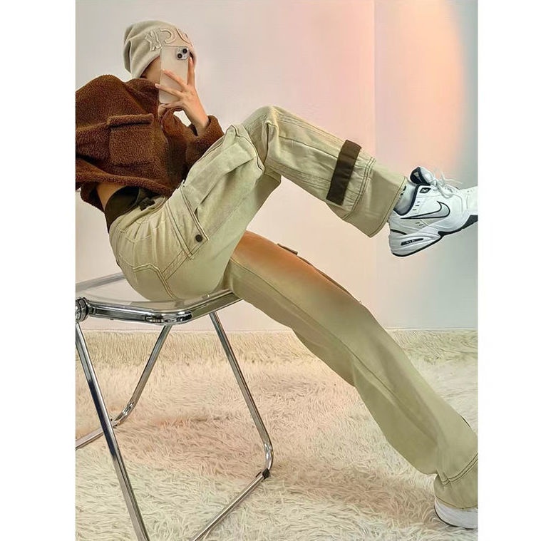 Quần jean ống rộng eo cao túi dài phong cách ins đường phố DLC2