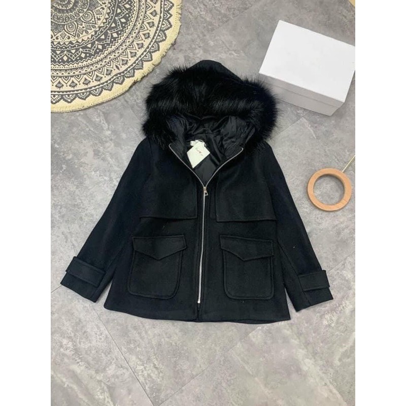 ANU49 - ÁO KHOÁC NỮ DẠ ĐEN KHOÁ CỔ LÔNG | BigBuy360 - bigbuy360.vn