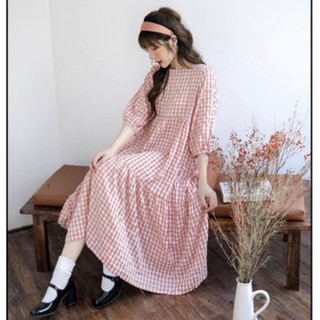 Đầm suông babydoll dáng dài kẻ caro hai lớp