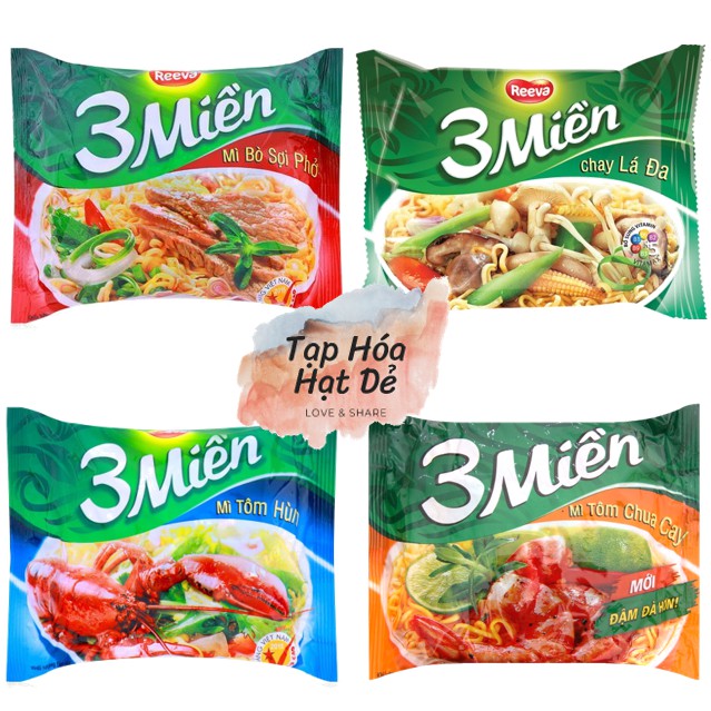 Mì 3 Miền Reeva các loại 65g / tôm hùm / tôm chua cay / bò sợi phở/ chay lá đa (91235)