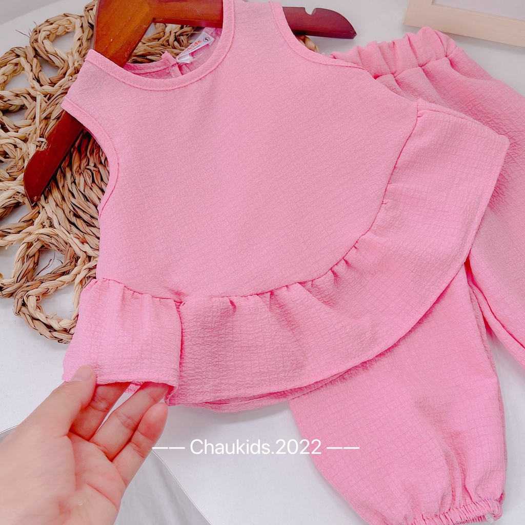 Bộ hè bé gái, bộ đũi xốp áo sát nách vạt bèo quần alibaba siêu xinh cho bé