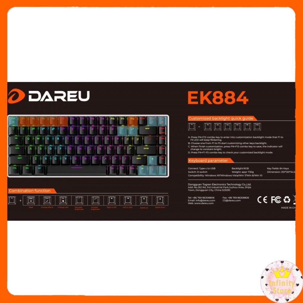 [Mã 33ELSALE hoàn 7% đơn 300K] BÀN PHÍM CƠ DAREU EK884 84KEY LED RGB INFINY DECOR