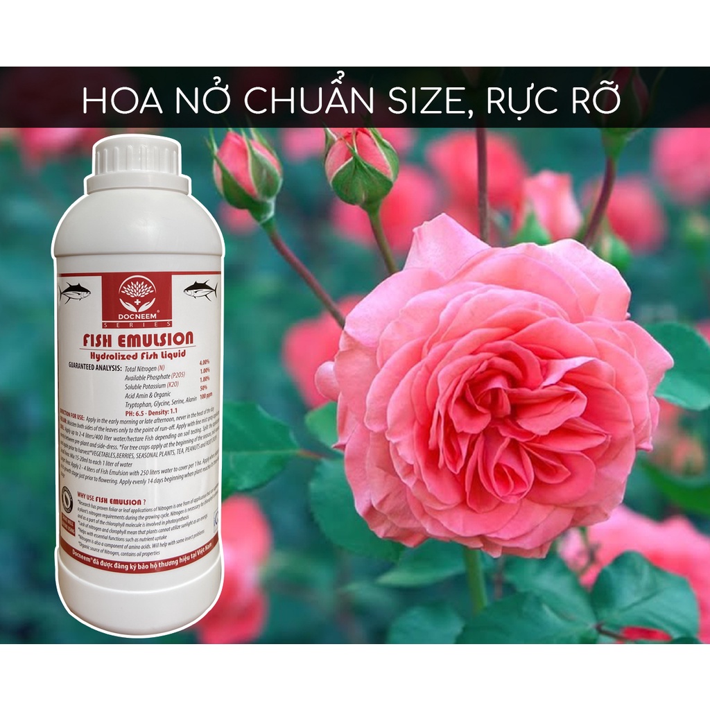 Phân đạm cá Fish Emulsion DOCNEEM, chai 1 lít, hữu cơ cho hoa hồng, hoa lan, rau sạch, hoa,cây cảnh, chính hãng