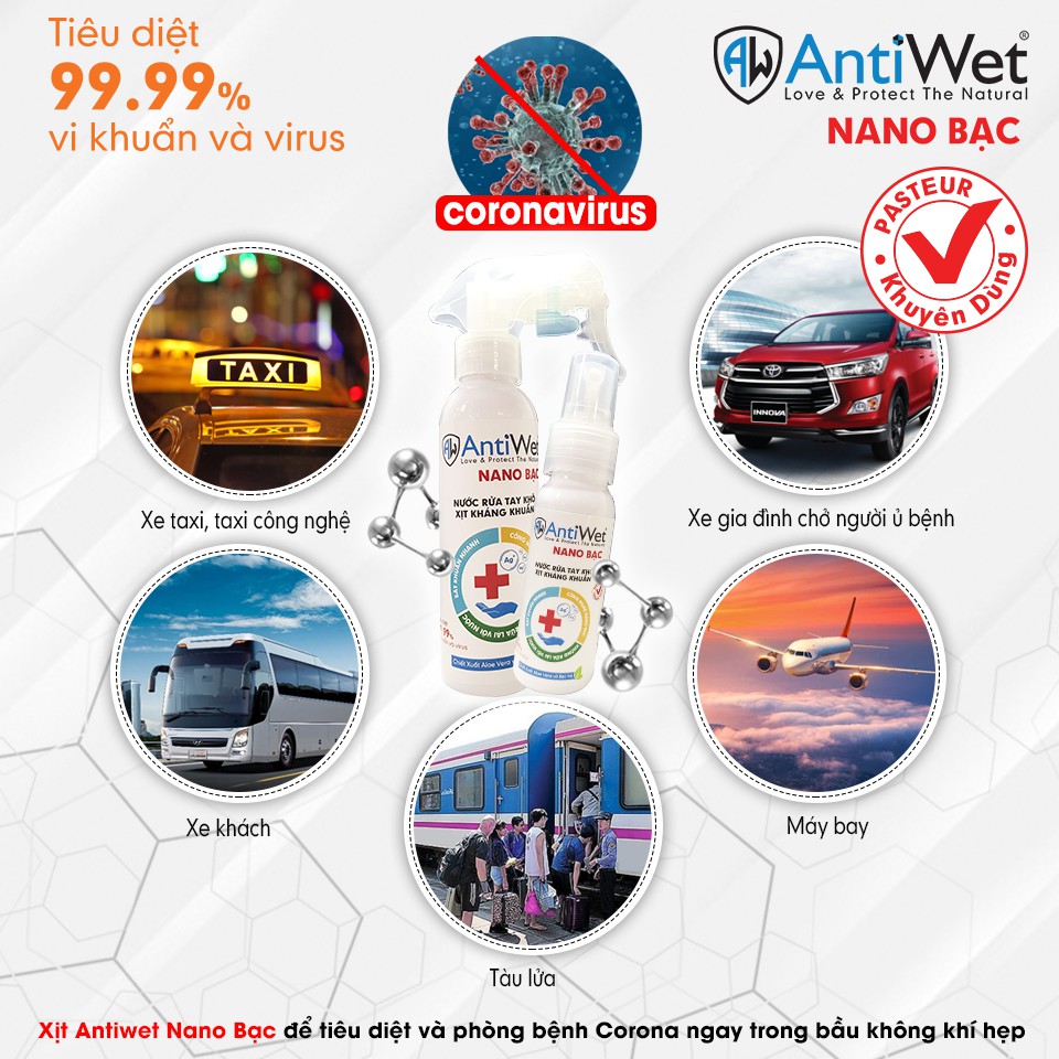 XỊT KHÁNG KHUẨN ANTIWET NANO BẠC, DIỆT VI KHUẨN 99,99%