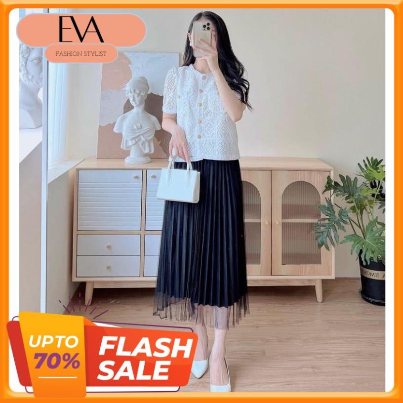 Áo sơ mi nữ phối ren ngắn tay 2 lớp cổ tròn phối ren sang trọng mix chân váy xếp ly thiết kế Eva Fashion