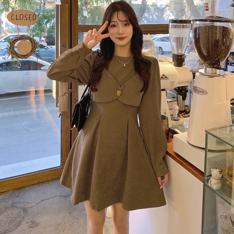 【ZHELIHANGFEI】Đầm Tay Phồng Giả Hai Lớp Nhấn Eo Phong Cách Retro