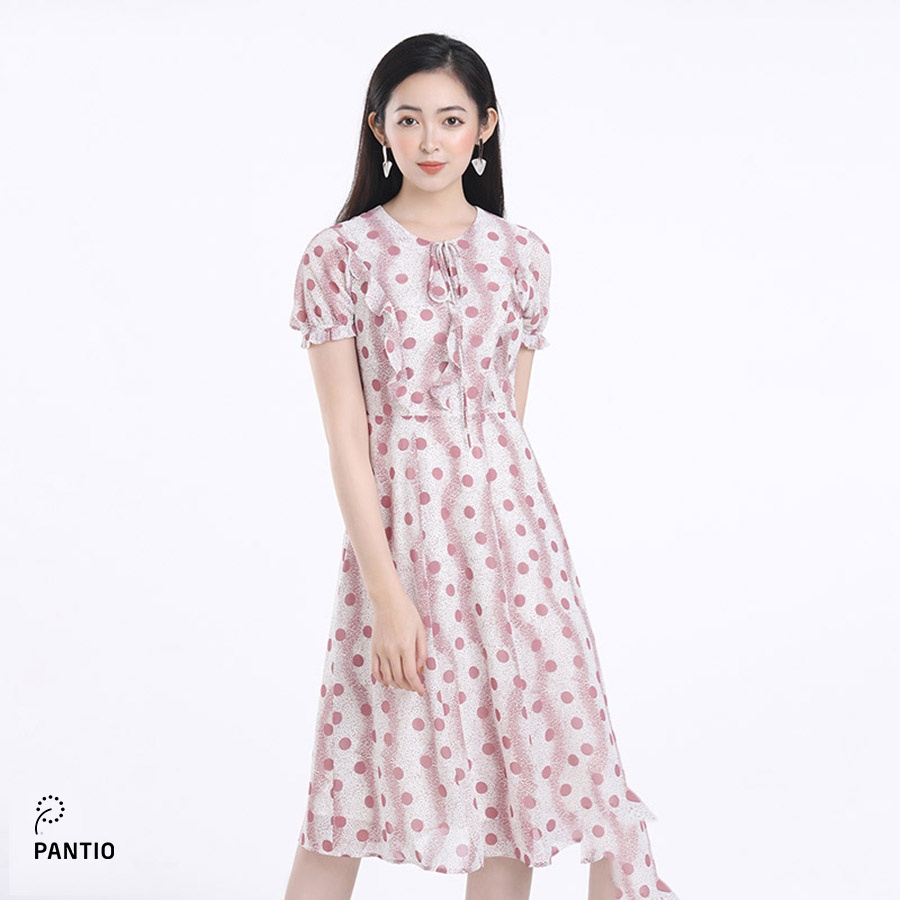 Đầm công sở chất liệu thô mềm họa tiết chấm bi cổ tròn FDC32582 - PANTO
