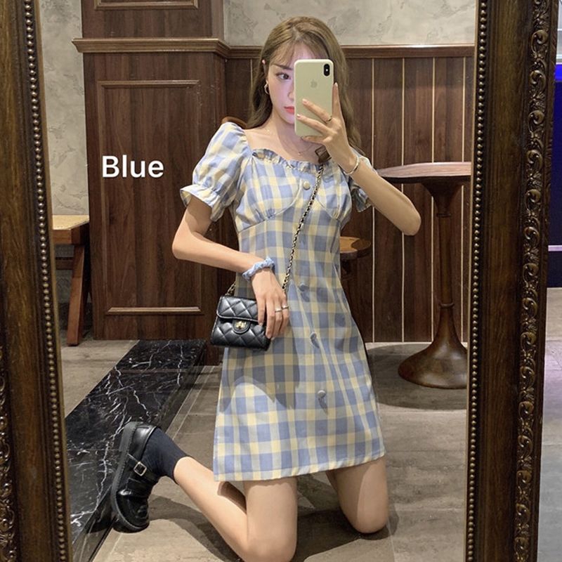 Đầm chữ A tay phồng họa tiết sọc caro phong cách Hàn Quốc đáng yêu cho nữ | BigBuy360 - bigbuy360.vn