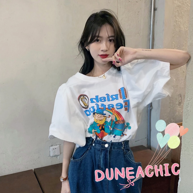 DUNEA Áo Thun Tay Ngắn Phồng Dáng Rộng Thời Trang Cho Nữ