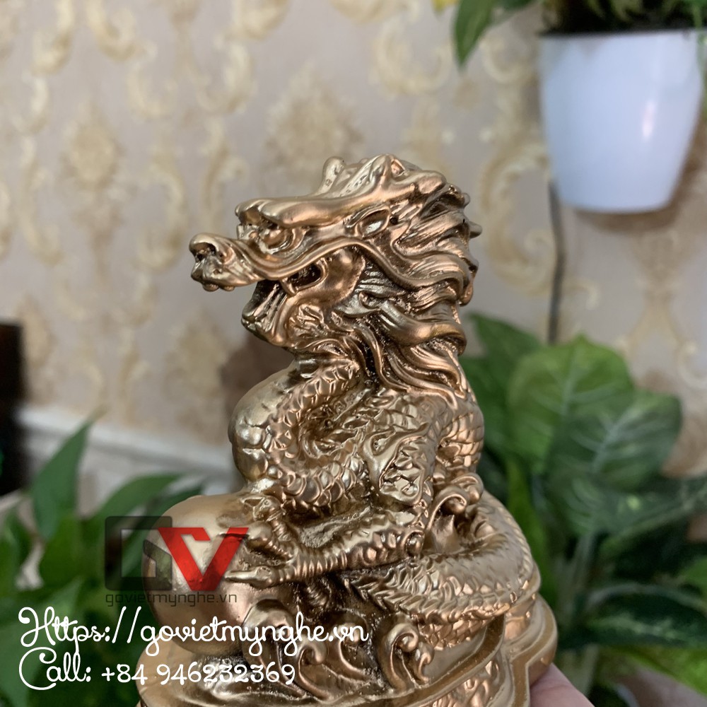 Tượng đá con rồng trang trí phong thủy bàn làm việc kệ sách mang may mắn chiêu tài lộc - Màu Nhũ Vàng - Cao 11cm