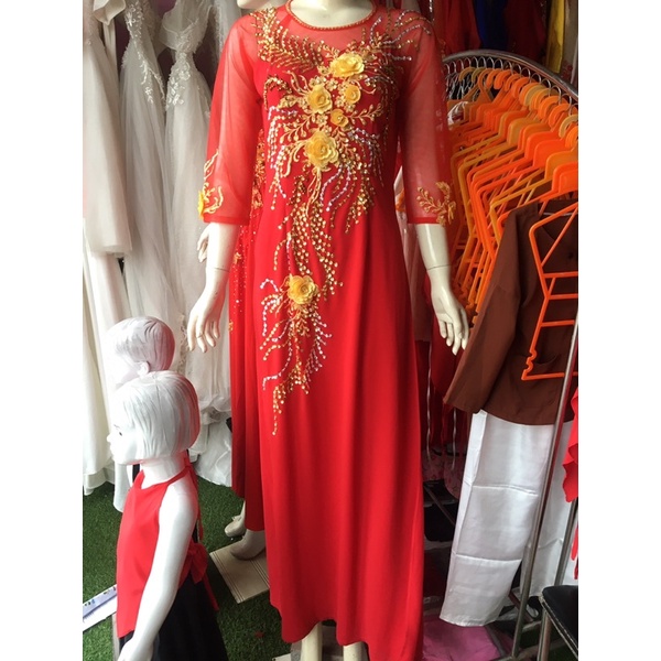 Áo dài dạ hội kết siêu đẹp (trong quây váy, ngoài tà áo dài