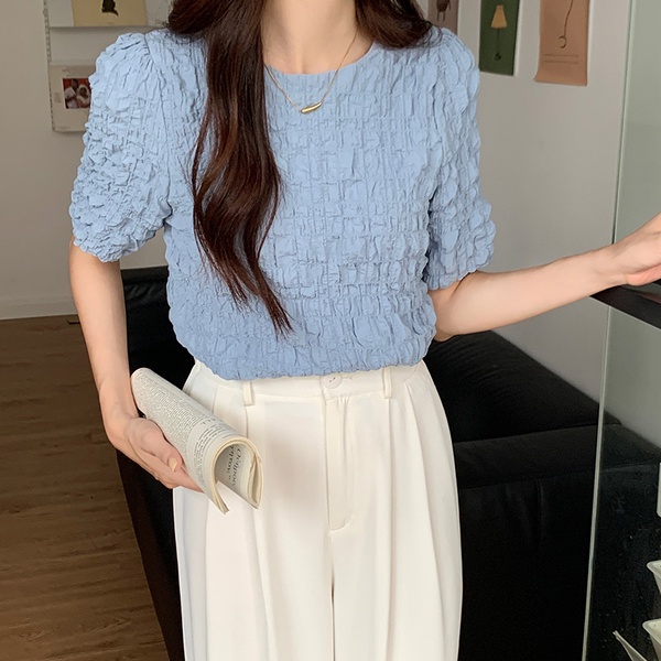 SUXI Áo Kiểu Tay Ngắn Phồng Cổ Tròn Màu Sắc Đơn Giản Thời Trang Mùa Hè Phong Cách Hàn Quốc Cho Nữ