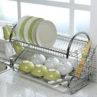 Kệ để bát đĩa bằng inox 2 tầng | Giá úp chén đĩa có ống đũa