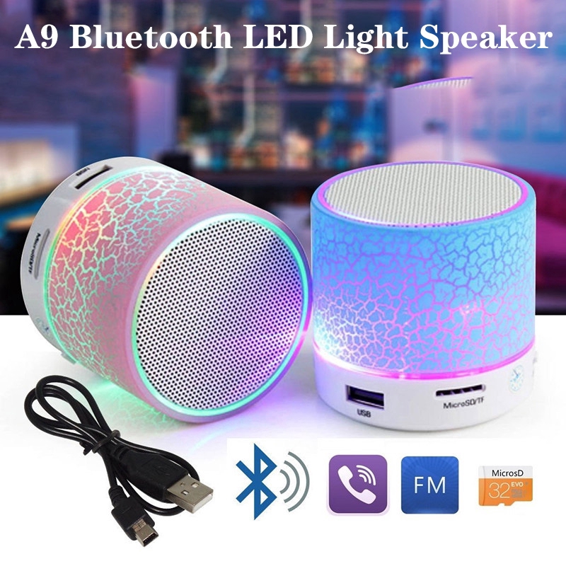 A9 Mini Portable Bluetooth Speaker Crack LED Wireless Column Hands Free Phone TF USB FM Aux Mic Bass Sound Music