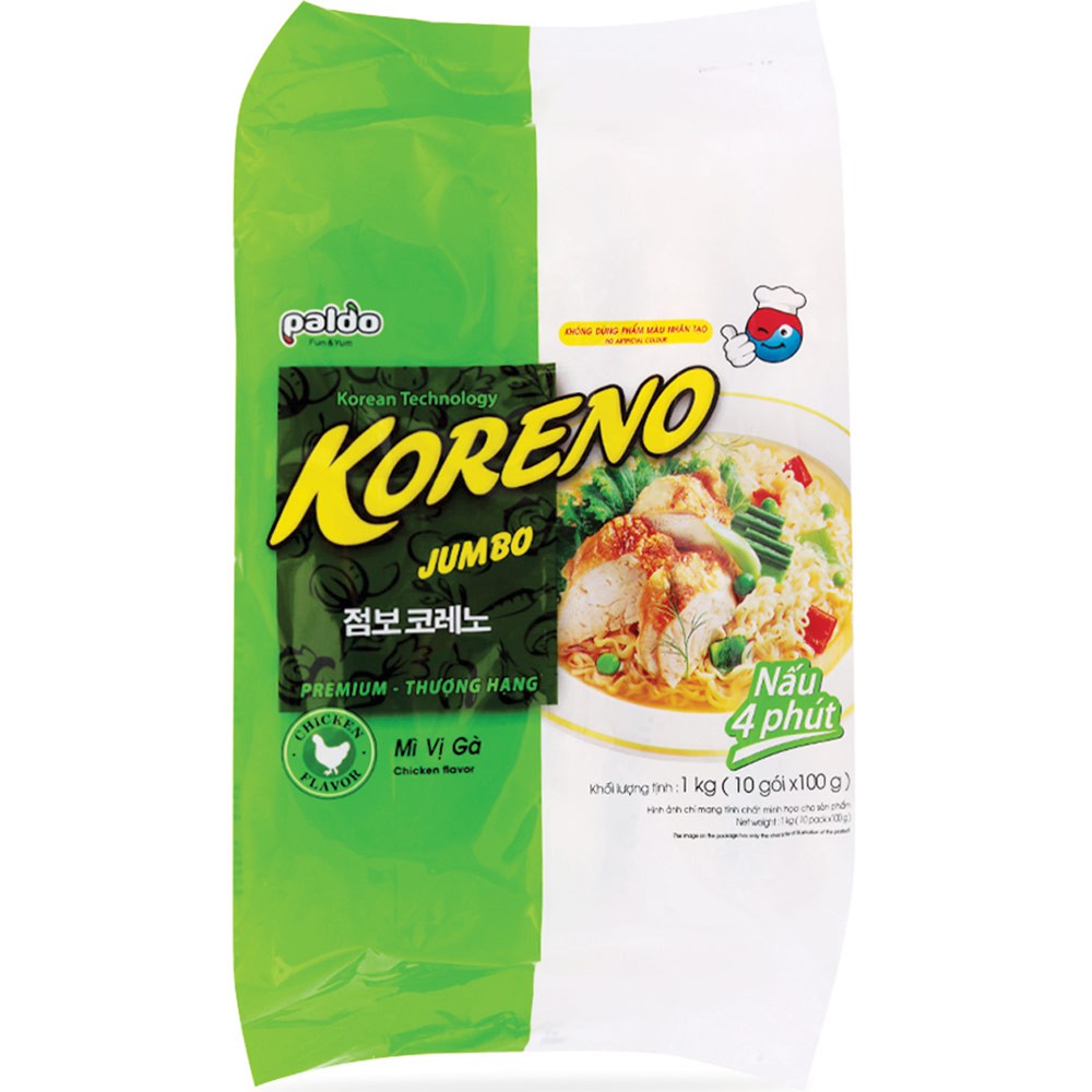 Mì Jumbo Koreno vị tôm/.kim chi/ gà/ bò cay lốc 10 gói x 100g