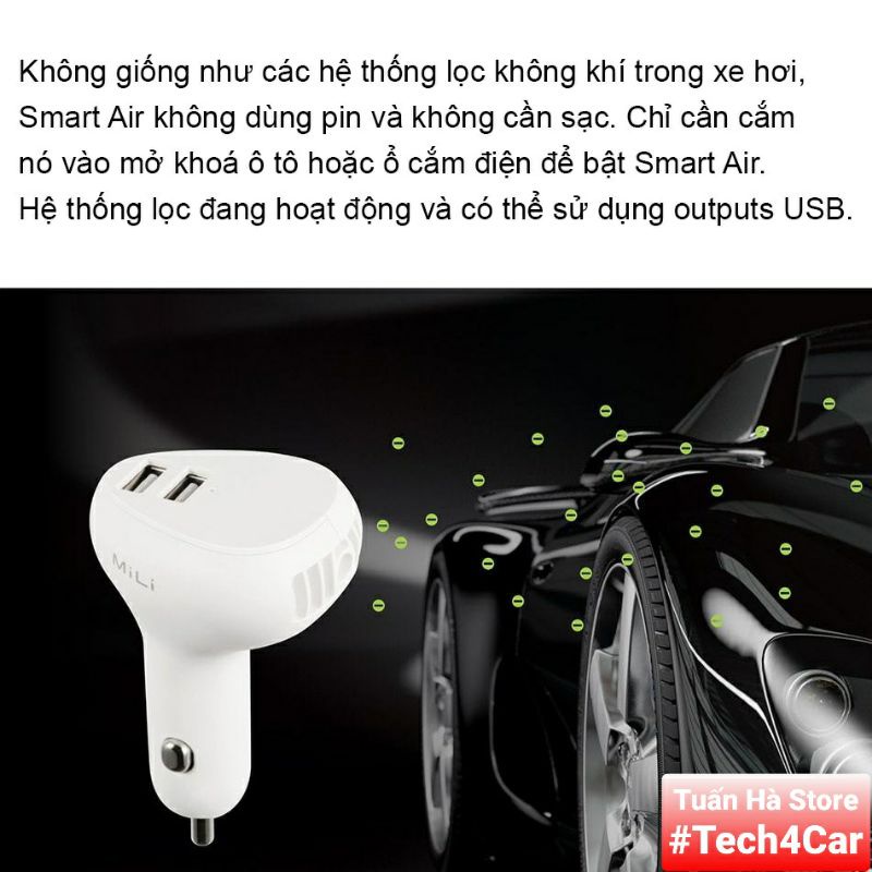 Tẩu sạc ô tô xe hơi Smart Air MiLi kết hợp công nghệ ion làm sạch không khí - HC-C39WE [Tech4Car]