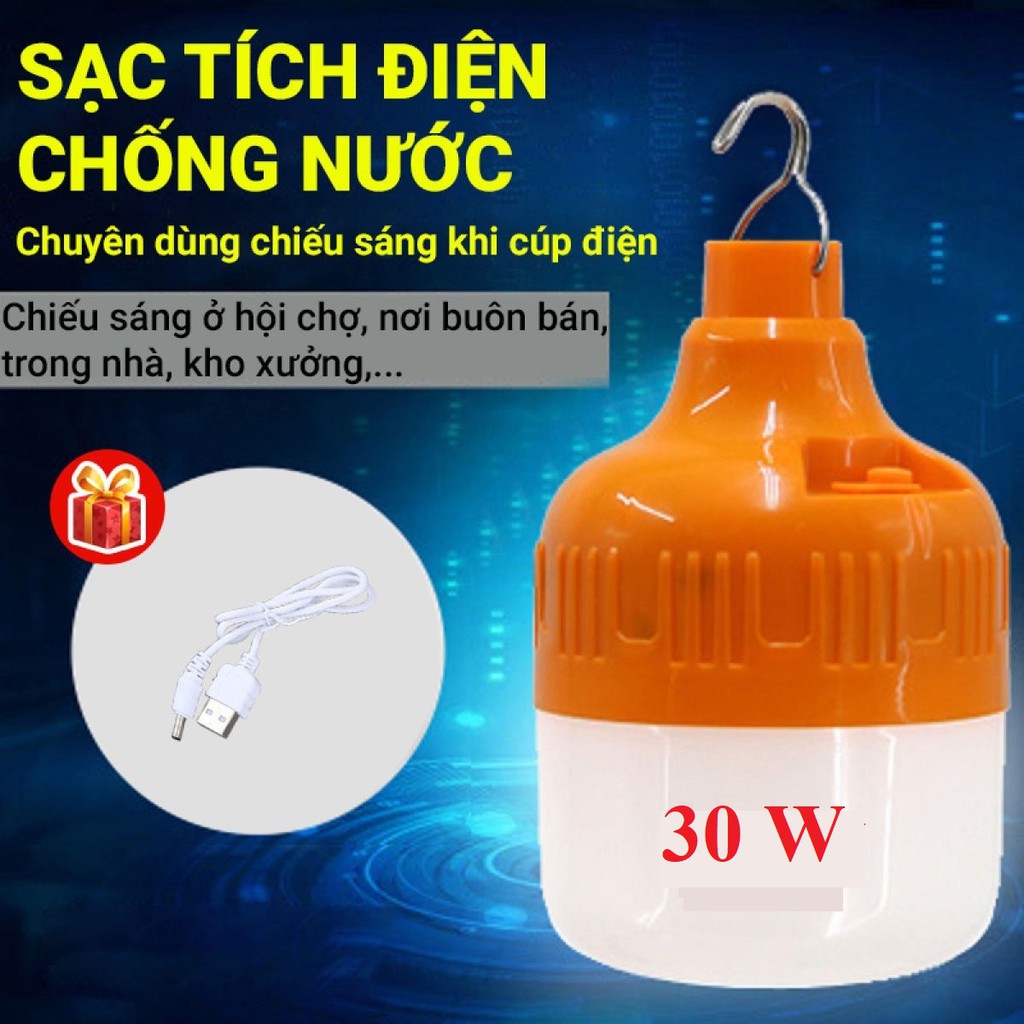 [SIÊU SÁNG LIÊN TỤC 4H-6H] Bóng Đèn Tích Điện LED 30w CỰC SÁNG Có Sạc Ngoài 3 Chế Độ Sáng Thông Minh kèm móc treo