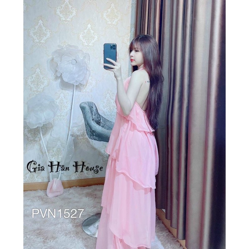 G 10g- đầm maxi i 5 tầng yếm cổ đính hoa, màu theo hình sàn