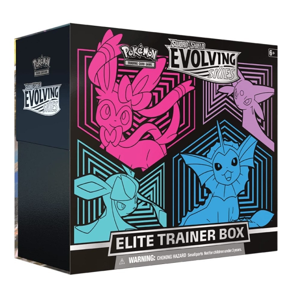 Hộp bài Pokemon TCG (ETB) Elite Trainer Box Evolving Skies Leafeon Flareon (xanh lá cam) / Sylveon Vaporeon (hồng xanh)