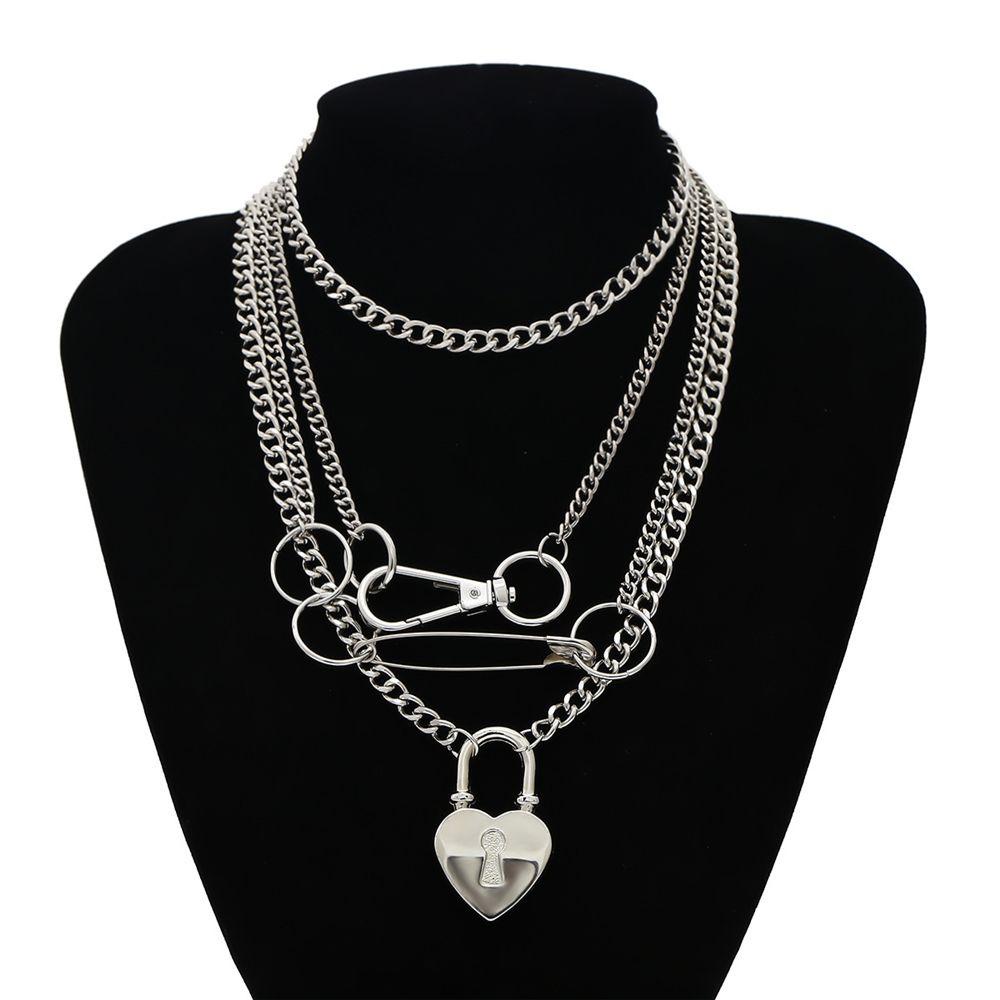 CACTU Cool Dark Gothic Party Jewelry Rivet Choker Punk Necklace Biker Rock Stainless Steel Multi-Layer Chain Women Mens Hip Hop Lock Pendant