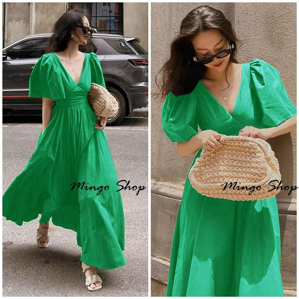 Váy maxi cổ V dáng dài, Đầm maxi thiết kế dáng dài xòe sang trọng mặc đi chơi đi tiệc chất liệu thô mát có size ngoại cỡ