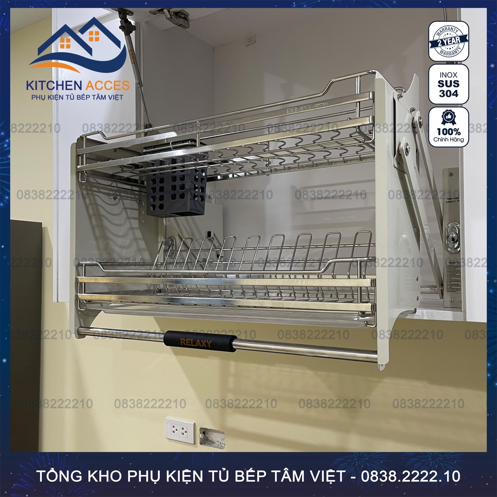 Giá Úp Bát Đĩa Nâng Hạ RELAXY Inox304 Cao Cấp (Bảo Hành Inox Trọn Đời - Có Thợ Lắp)