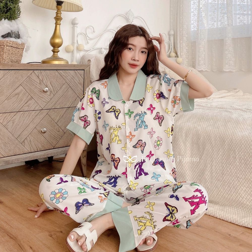 Bộ đồ ngủ lụa mặc nhà nữ pyjama lụa mango cổ sen họa tiết cao cấp freesize 45-65kg phù hợp cả mẹ sau sinh
