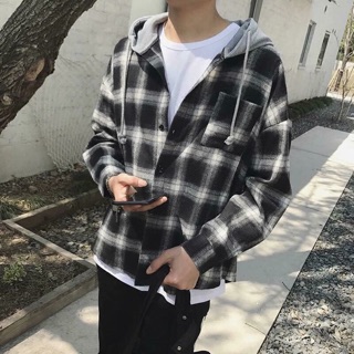 Áo FLANNEL Xám  + Đỏ Có Nón