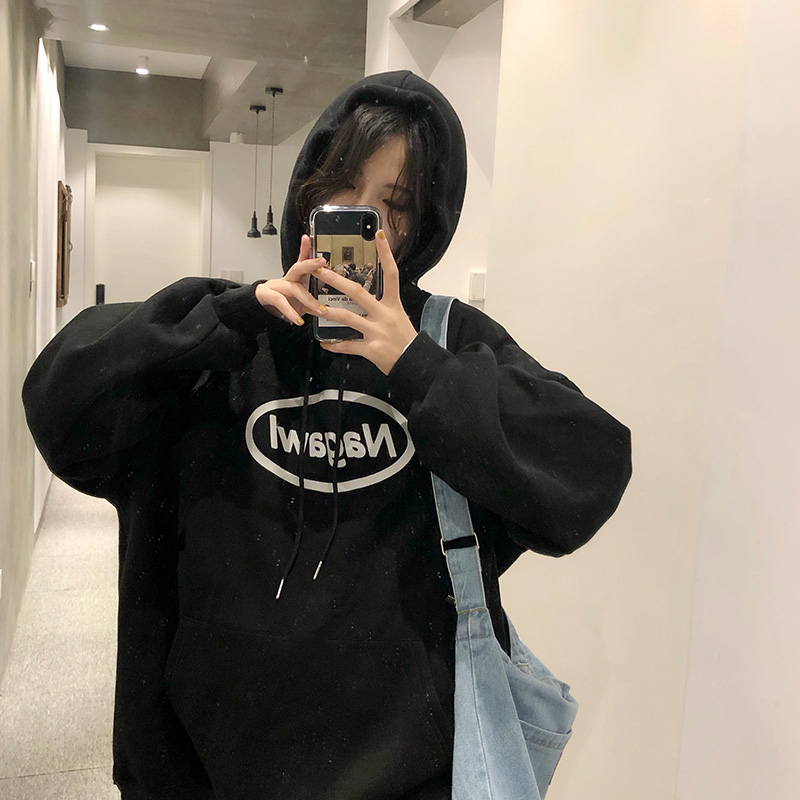 Áo Hoodie Form Rộng Tay Dài In Chữ Phong Cách Hàn Quốc