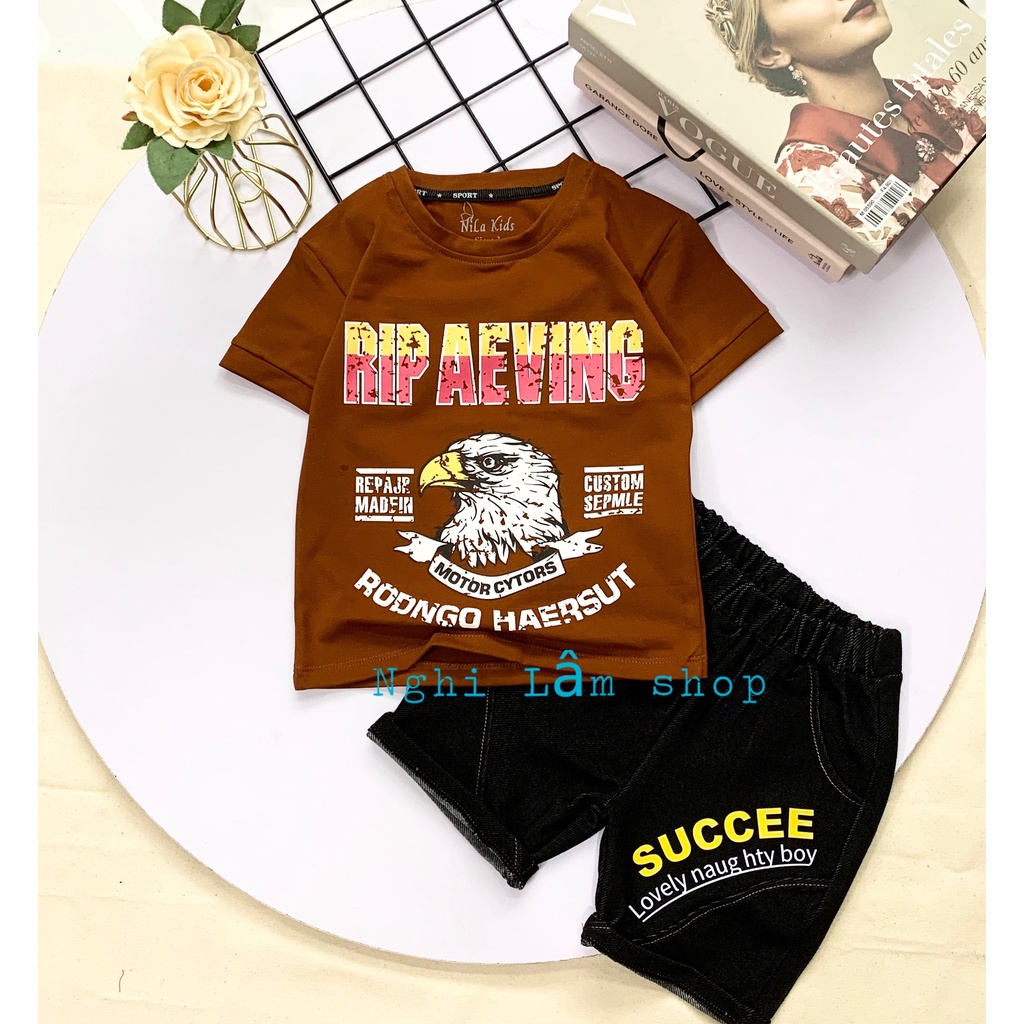 Set bộ đồ bé trai áo thun cotton 100% quần thun cotton giả jean hình chim Ưng cho bé từ 10-38kg