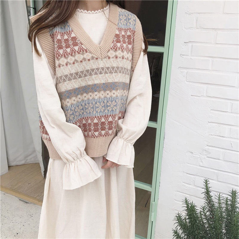 Áo gile sweater nữ form rộng cổ V phong cách Hàn