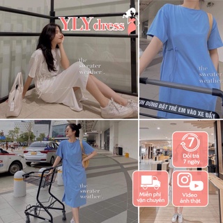 Váy thun buộc eo dáng suông - Váy đầm nữ cộc tay dáng suông rộng buộc eo xả tà sẵn kho 2 màu chất thun co giãn C369