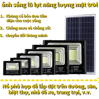 Đèn năng lượng mặt trời đèn pha led vỏ nhôm chống nước 100W 200W 300W Đèn năng lượng mặt trời sân vườn đèn pha