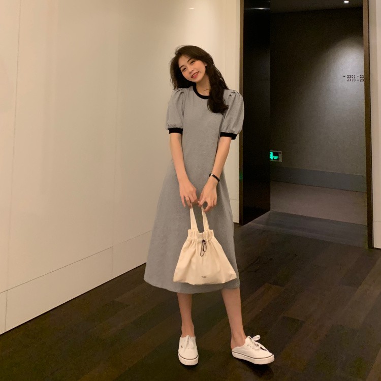 Bubble Sleeve T-Shirt Dress Female Summer 2021 New Design Color Waist Slim Small Son Tok Long Skirt