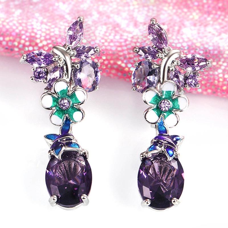 Đôi khuyên tai hình oval màu tím đính đá zircon phong cách Âu Mỹ thời trang mới cho nữ
