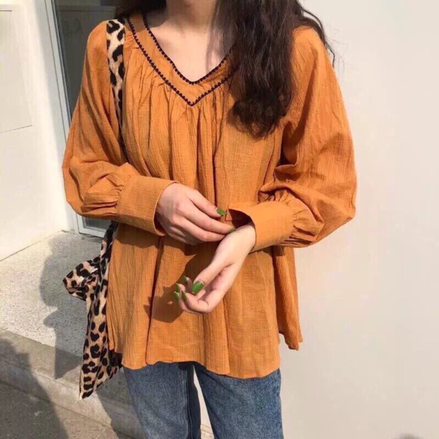 Áo baby doll cam cổ V