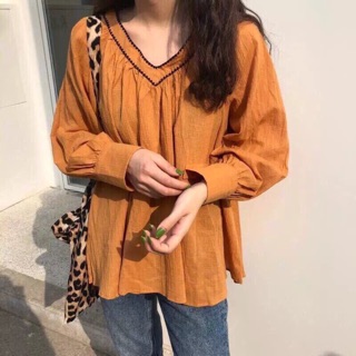 Áo baby doll cam cổ V