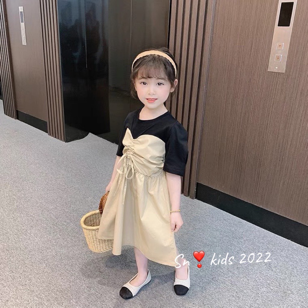 Váy nhún ngực phối tay bé gái, váy phối chun ngực chất vải thô xịn xò cho bé