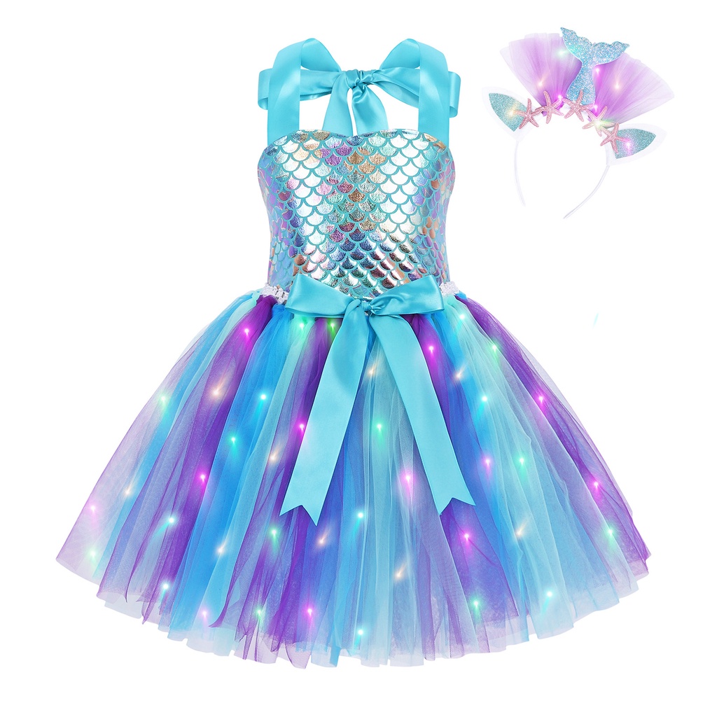 Đầm Họa Tiết Nàng Tiên Cá Ariel Hoạt Hình Nhiều Màu Sắc Dành Cho Bé Gái Dịp Halloween