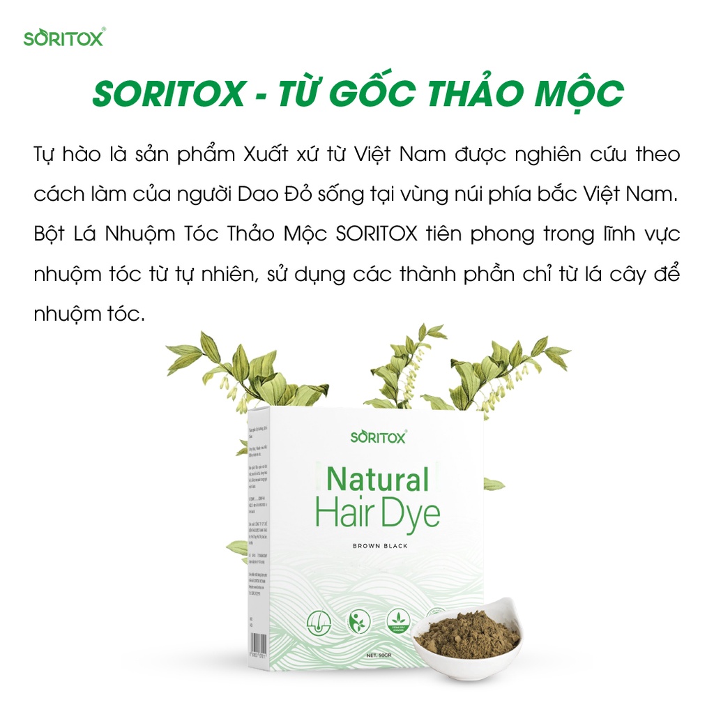 Soritox Hair 50GR - Bột lá Nhuộm tóc, phủ bạc Thảo mộc màu Nâu Đen tự nhiên từ bột lá Móng Ấn Độ và lá Chàm Việt Nam