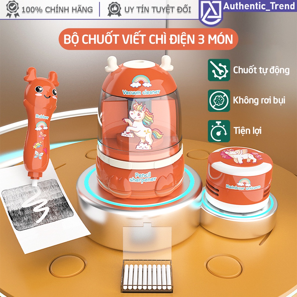 Bộ dụng cụ học tập: Gọt bút chì điện + Máy hút bụi mini kỳ lân dễ thương - Bộ văn phòng phẩm chuốt viết chì tự động