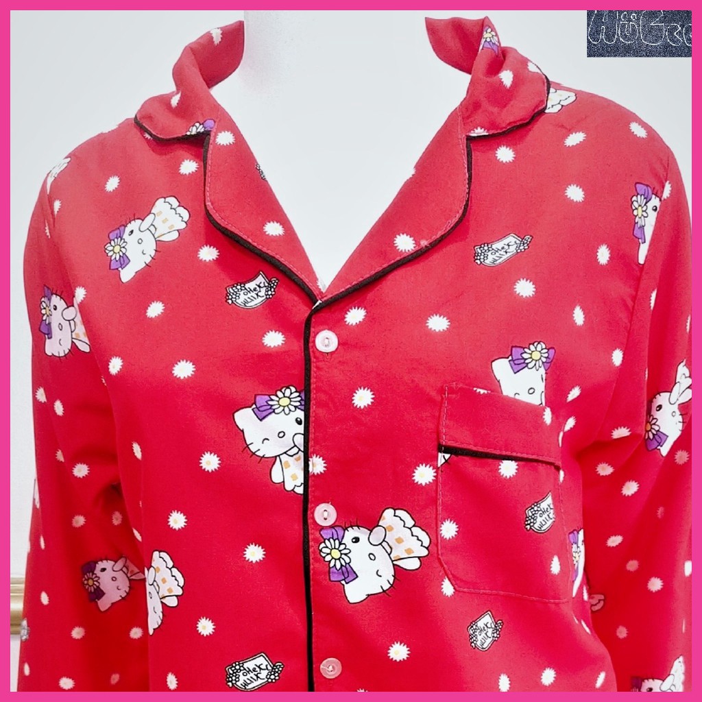 [FREESIZE] Đồ bộ mặc nhà Pijama HUGEE cao cấp vải Kate Thái loại 1 màu đỏ họa tiết Hello Kitty A001