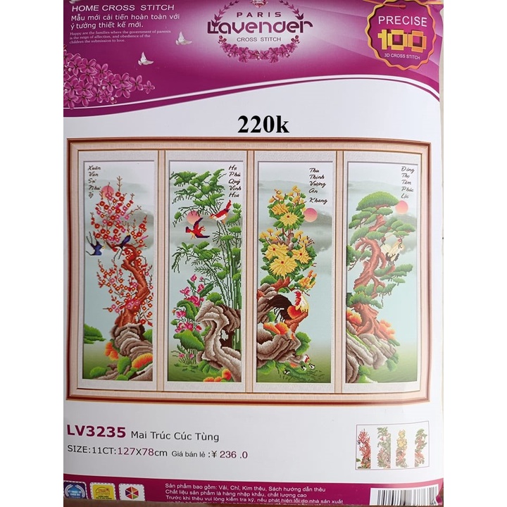Tranh thêu chữ thập tứ quý Tùng cúc trúc mai LV3235-127x78cm
