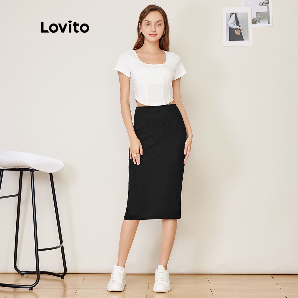 Lovito Chân Váy Midi Trơn Màu Xinh Xắn Dành Cho Nữ L27AD130 (Đen)