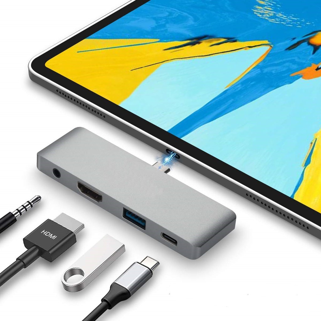 Bộ chuyển đổi USB C cho iPad Pro 2018 iPad Pro 2020 Bộ chuyển đổi Hub nhôm Type-C Di động Pro 2020 với Sạc USB-C PD, 4K HDMI, USB 3.0 &amp; Giắc cắm tai nghe 3,5 mm - Tương thích với iPad Pro 2020 iPad Pro 2018,Ipad air 4 2020,  Microsoft Surface Go