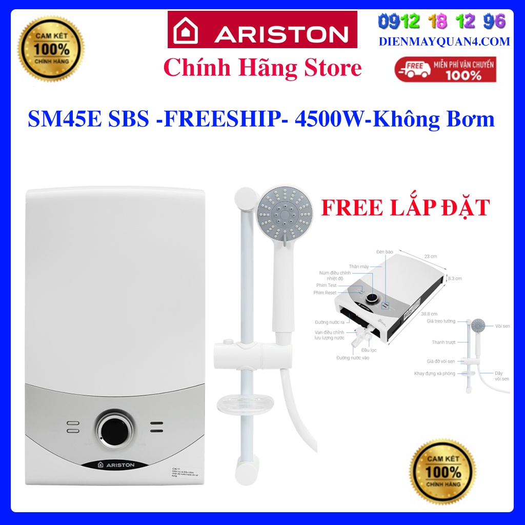 [Ariston SM45E SBS] Máy nước nóng Ariston AURES SM45E SBS VN 4500W, Bảo hành chính hãng 24 tháng.